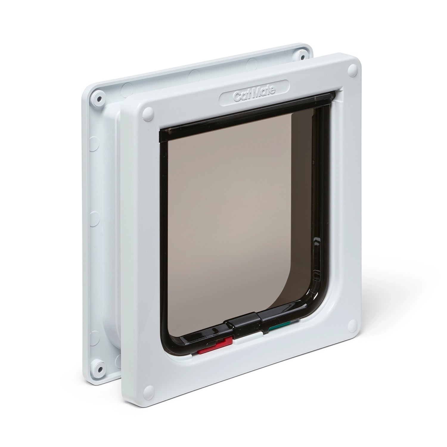 Pet door with a white frame on a white background that has four-way locks and can be installed in a variety of door and wall types, on a clear background 