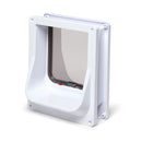 White pet door with a clear flap on a white background