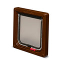 A side angled view showing the back side of the brown cat flap and one of the two manual locks on a white background 
