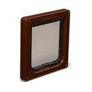 Side angled view of the front of the brown pet door with a clear flap for small to average size cats on a white background