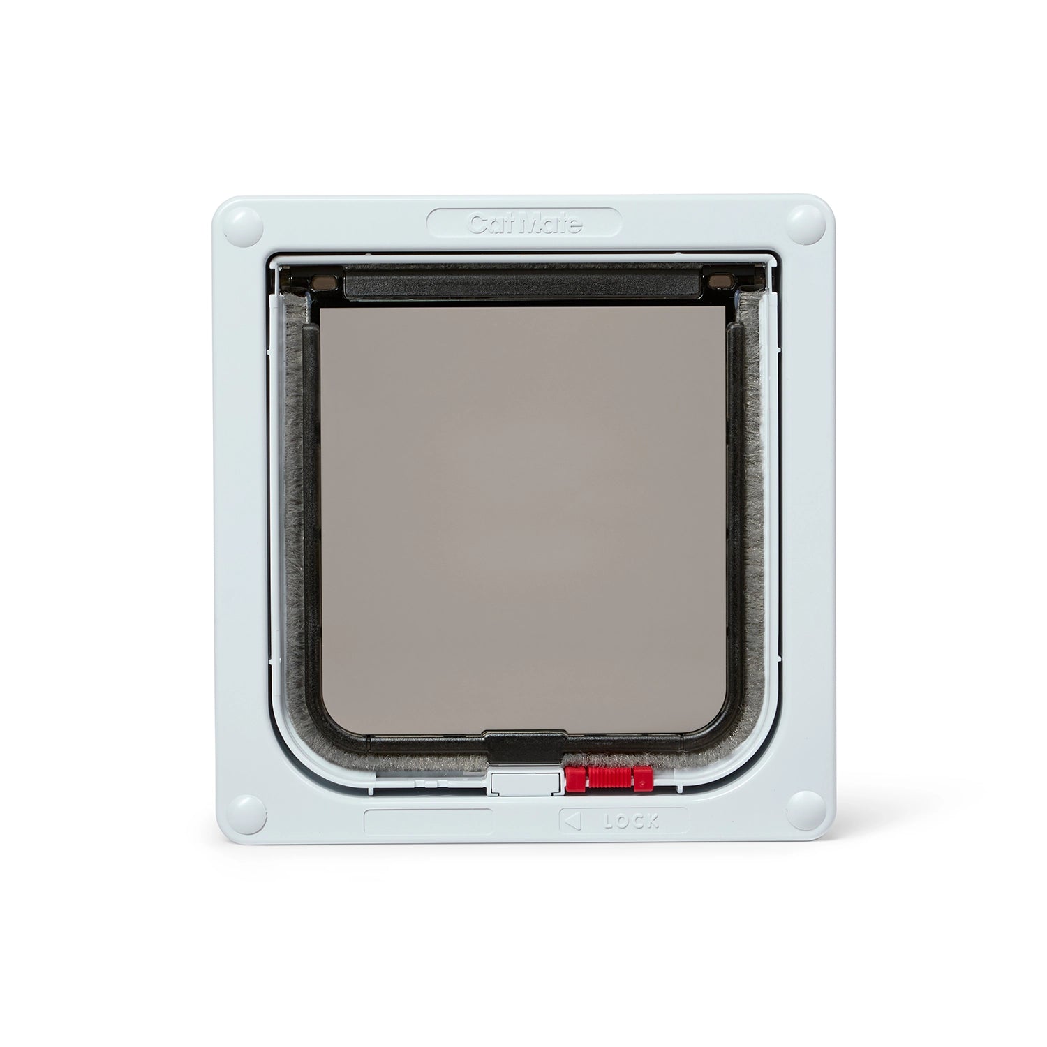A white pet door frame with a clear flap which is suitable for small to average size cats and has two-way manual locks  on a white background 