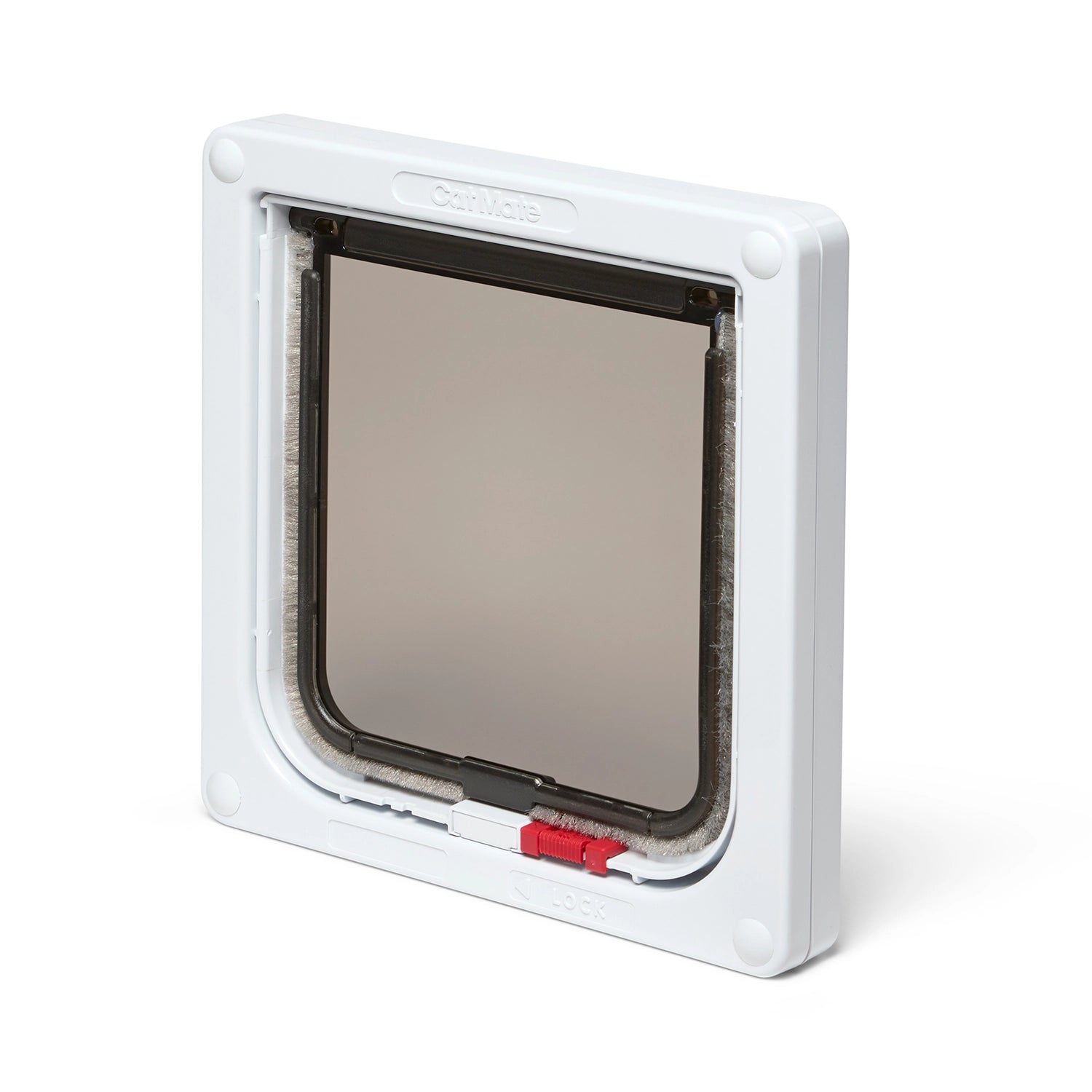 A side angled view of the back of the cat flap in white for small and average size cats on a white background 