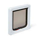 Polymer pet door with a white frame and clear flap suitable for installation in to internal and external doors on a white background