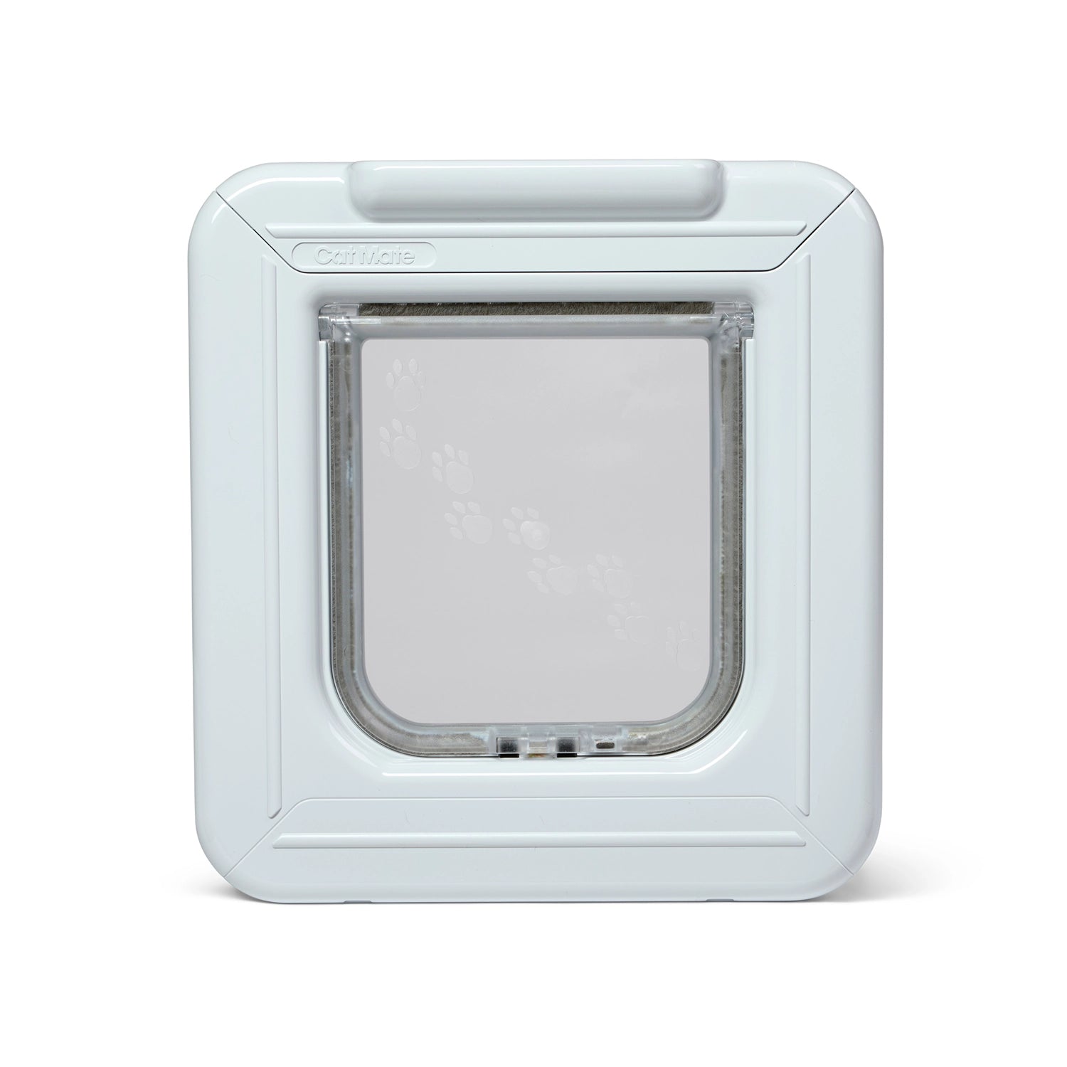 White pet door and clear flap that is electromagnetically controlled by a timer and two magnetic identifications discs attached to the cat's collar on a white background