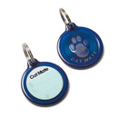 Two blue magnetic pet tags with paw print and text on a white background