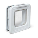 Pet door in white with a clear flap and a digital timer on a white background