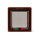 Cat flap door in brown with a clear flap and four-way locks for small to average size cats on a white background