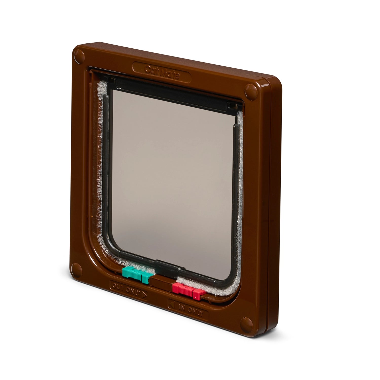 A side angle view of the back of the pet door for average size cats with a brown frame on a white background