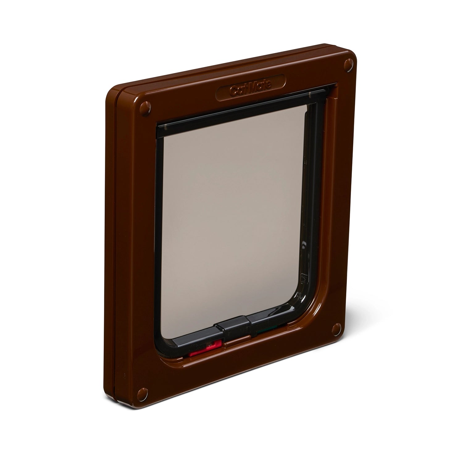 A front angle view of the brown pet door with a clear flap on a white background