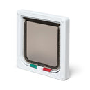 A side angle view of the pet door in white made by Cat Mate for average size cats with a transparent flap on a white background