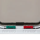 Close-up of a white cat flap with 'OUT ONLY' and 'IN ONLY' labels on a gray background