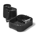 A disassembled dark grey CAT MATE pet water fountain. The fountain is shown in two parts: the top reservoir section with a spout, and the base which contains the internal components including a visible water filter and pump system. The inside of the base also has 'MAX' and 'MIN' water level indicators moulded into the plastic, on a white background 