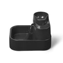 An empty dark grey pet water drinking fountain with a rectangular base on a white background