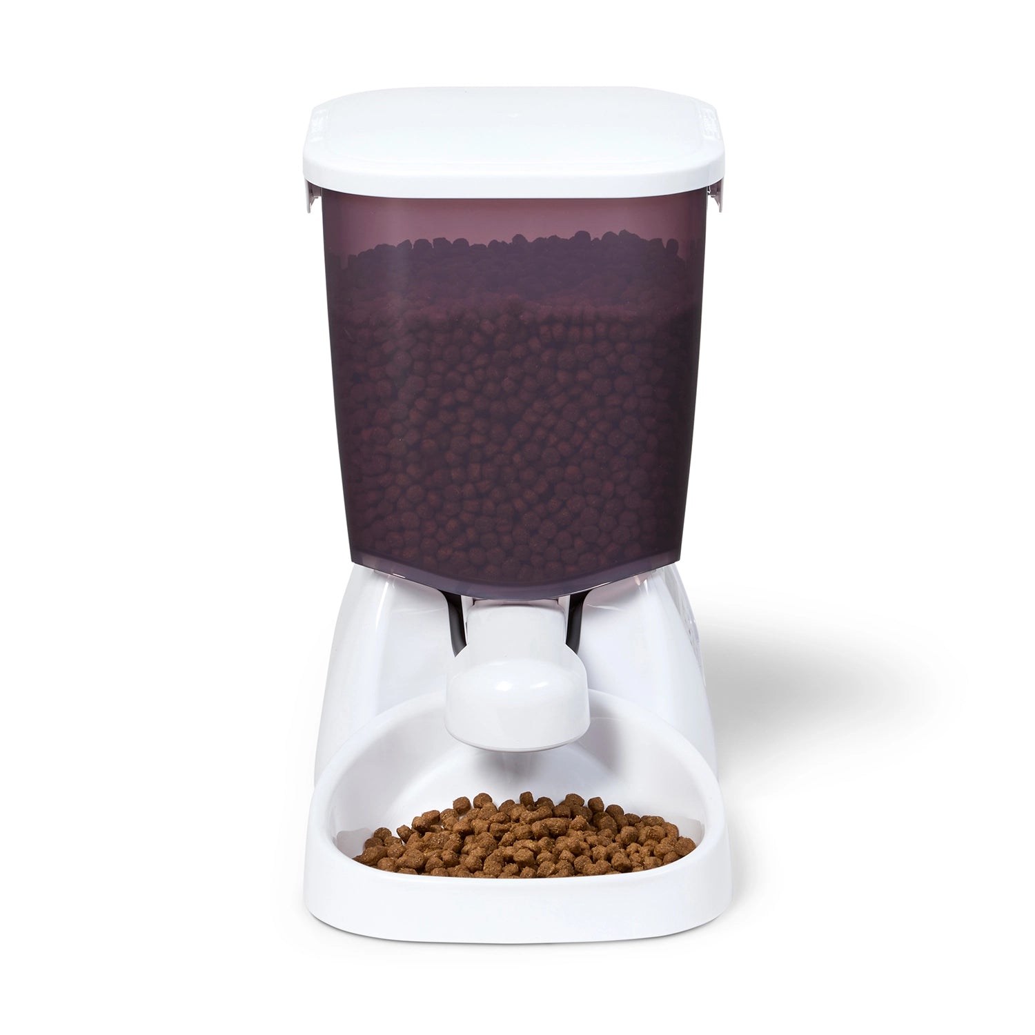 Pet food dispenser consisting of a white base and top with a purple food container with a 3kg approx capacity on a white background