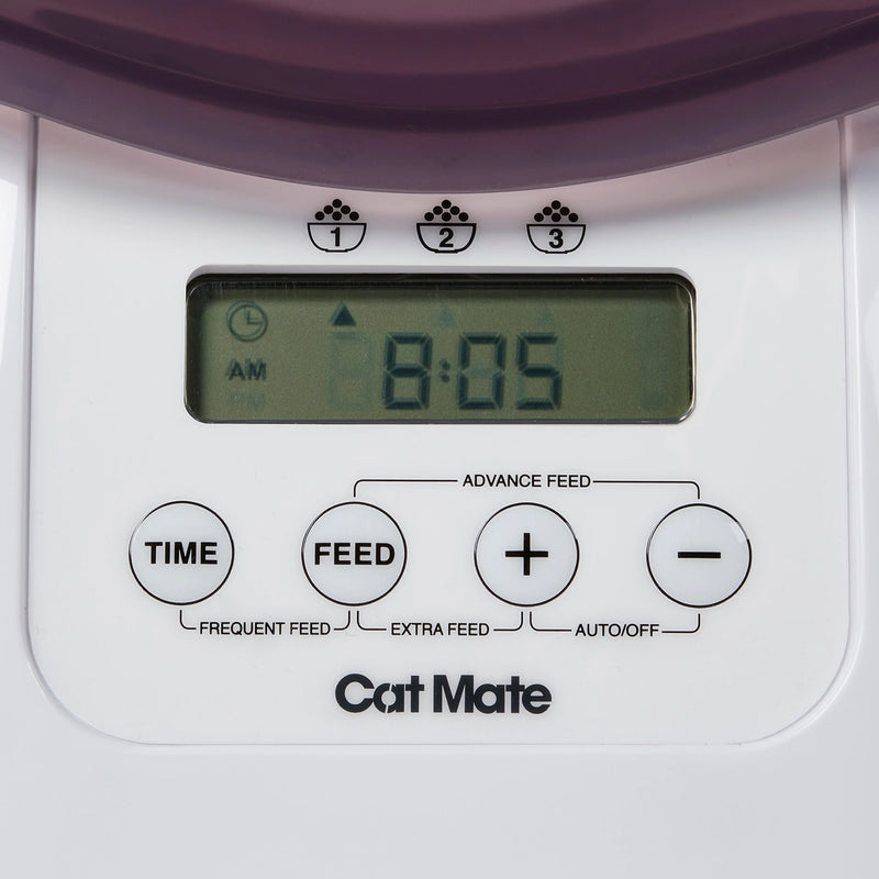 Digital pet feeder with 'Cat Mate' branding displaying the time 8:05.