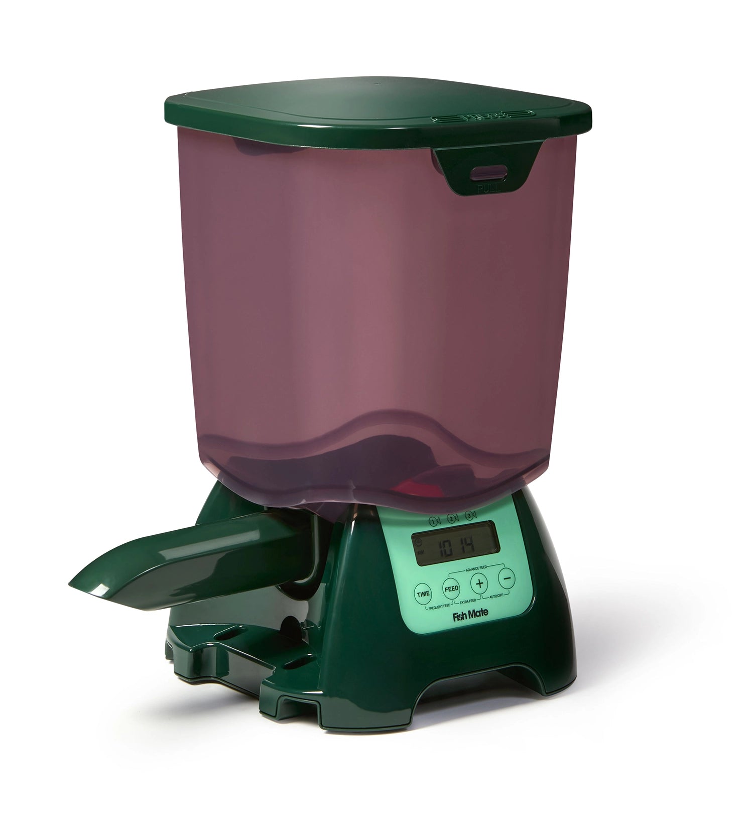 Green and purple pet food dispenser suitable for pond fish such as koi and goldfish on a white background