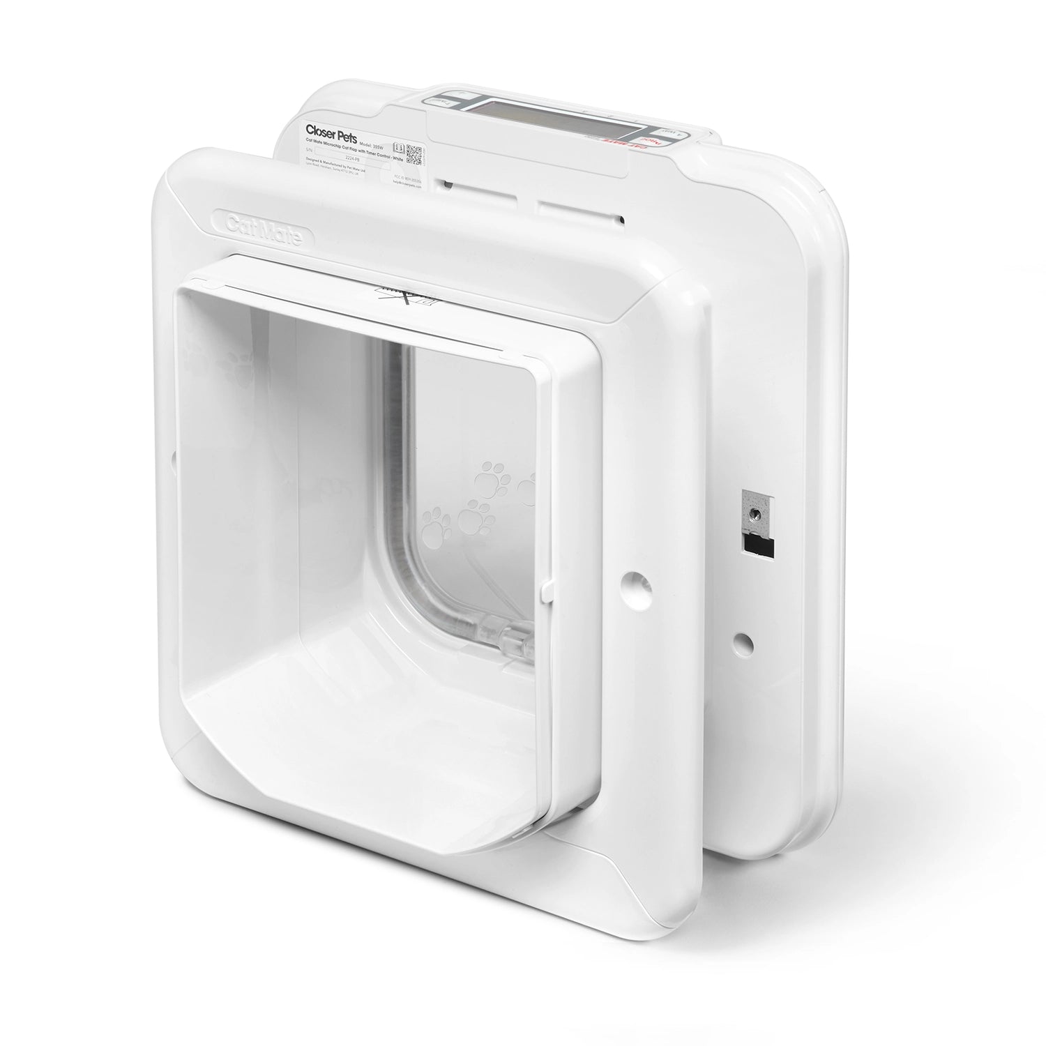 A rear view of the white microchip controlled pet door with a clear plastic flap with the timer control at the top on a white background