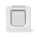 A white pet door with a clear flap that has 4 different locking options, is compatible with microchips or Pet Mate ID discs and can be used by small to average size cats on a white background
