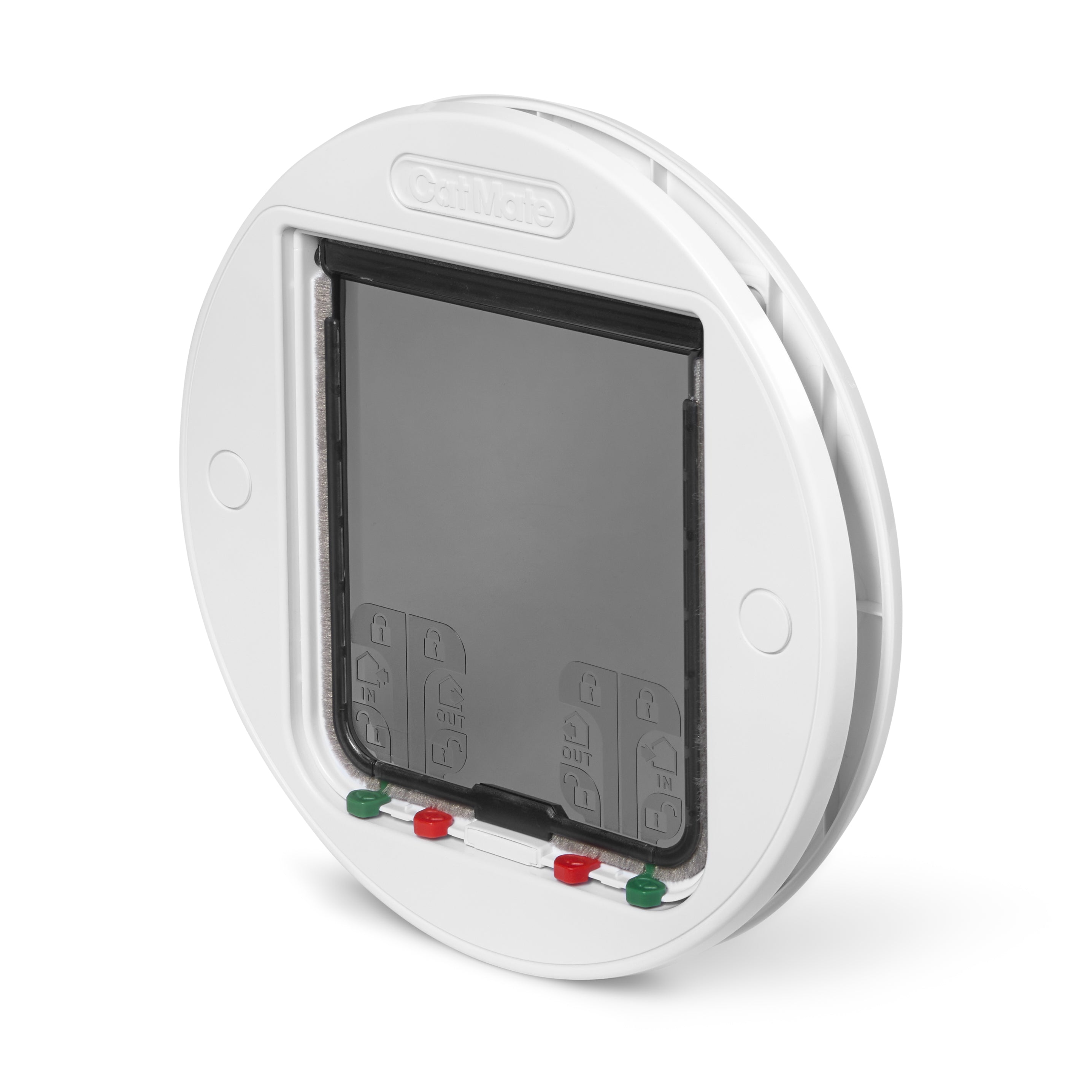 A side-angled view of the white pet door which has a circular shape and four-way manual locks on a white background 