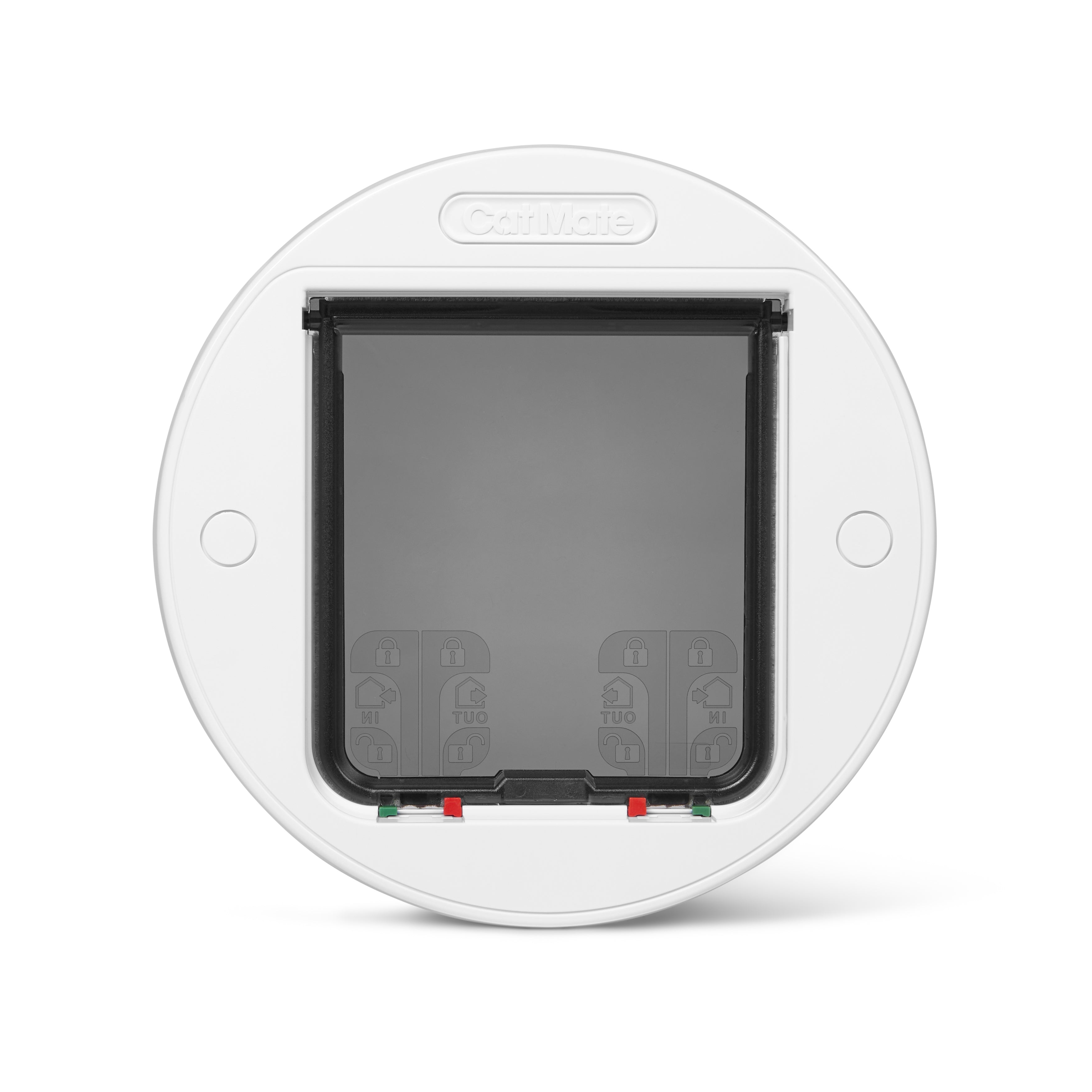 A clear pet door with a white circular frame made by Cat Mate, which is suitable for all cat breeds and small dogs on a white background 