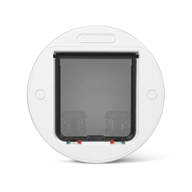 A clear pet door with a white circular frame made by Cat Mate, which is suitable for all cat breeds and small dogs on a white background 