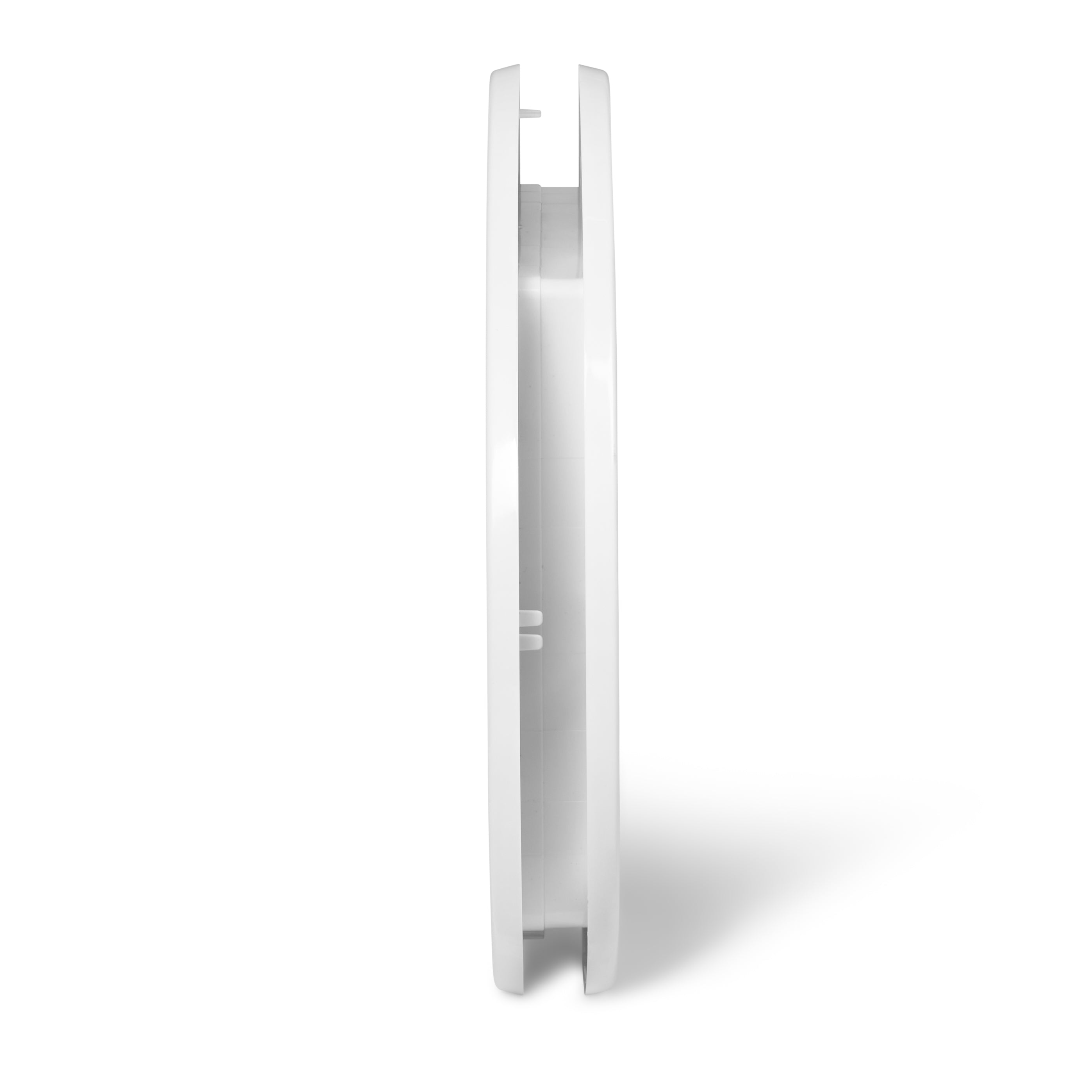 A side-on view of the white cat flap which is self-lining up to two inches and is suitable for installation in to various door types including glass, metal/UPVC and wood, as well as walls 