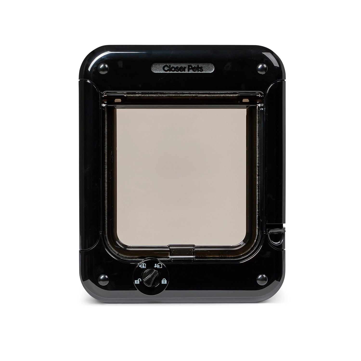 A black version of the four-way rotary cat flap with a clear panel which is suitable for small to average size cats on a white background 