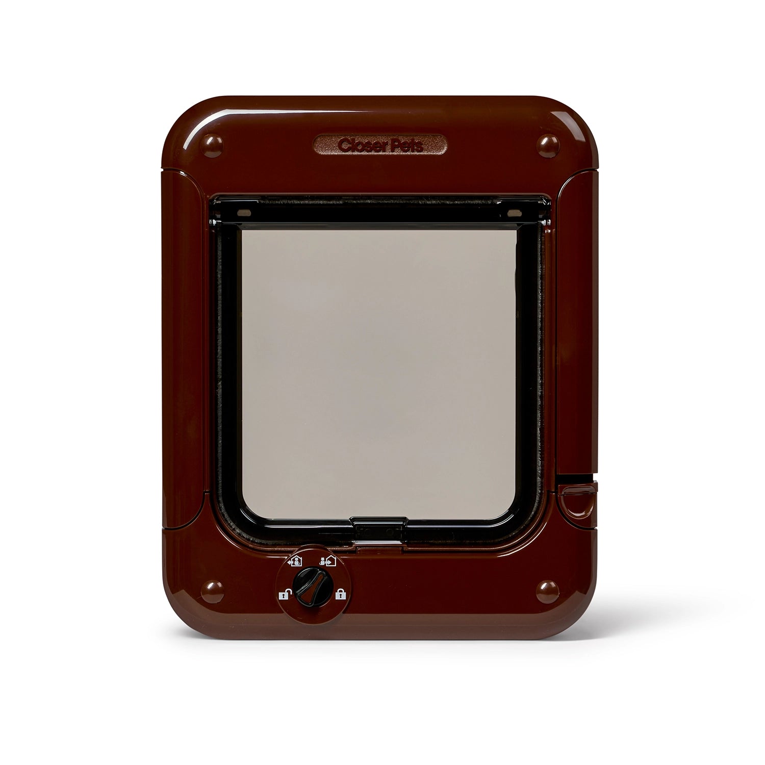 Brown pet door for average size cats with a clear flap and four-way manual locks on a white background
