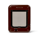 Brown pet door for average size cats with a clear flap and four-way manual locks on a white background