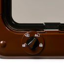 Close-up of a brown lock mechanism with icons on a white background