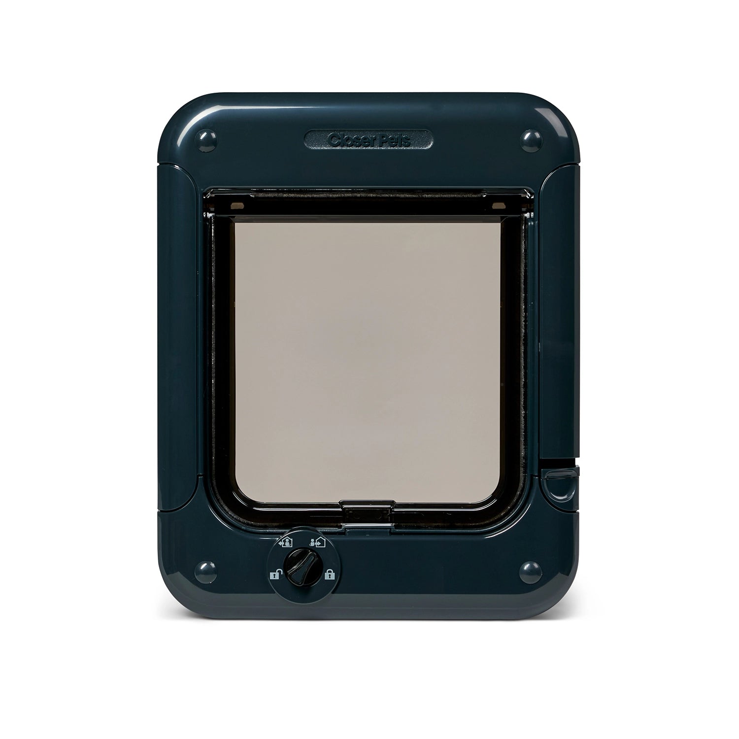 A grey pet door with a clear flap which is suitable for small to medium size cats with a 4-way manual lock 