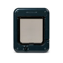 A grey pet door with a clear flap which is suitable for small to medium size cats with a 4-way manual lock 