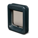 A side on view of the back of the grey rotary cat flap which displays the rain proof and draught proof brushing. 