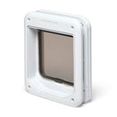 An angled view of the white four-way locking cat flap which shows the magnetic closure and the rain and draft proof brushing which keeps the home warm and dry 
