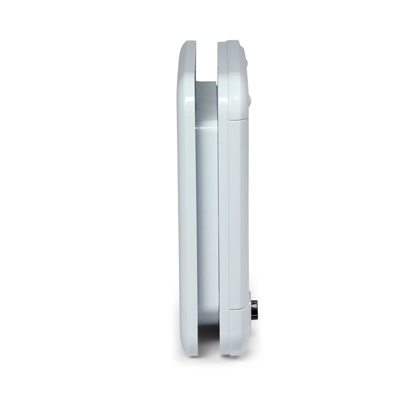 A side on view of the white cat flap which is self lining up to two inches thick and is suitable for installation in to a variety of door and wall types. 