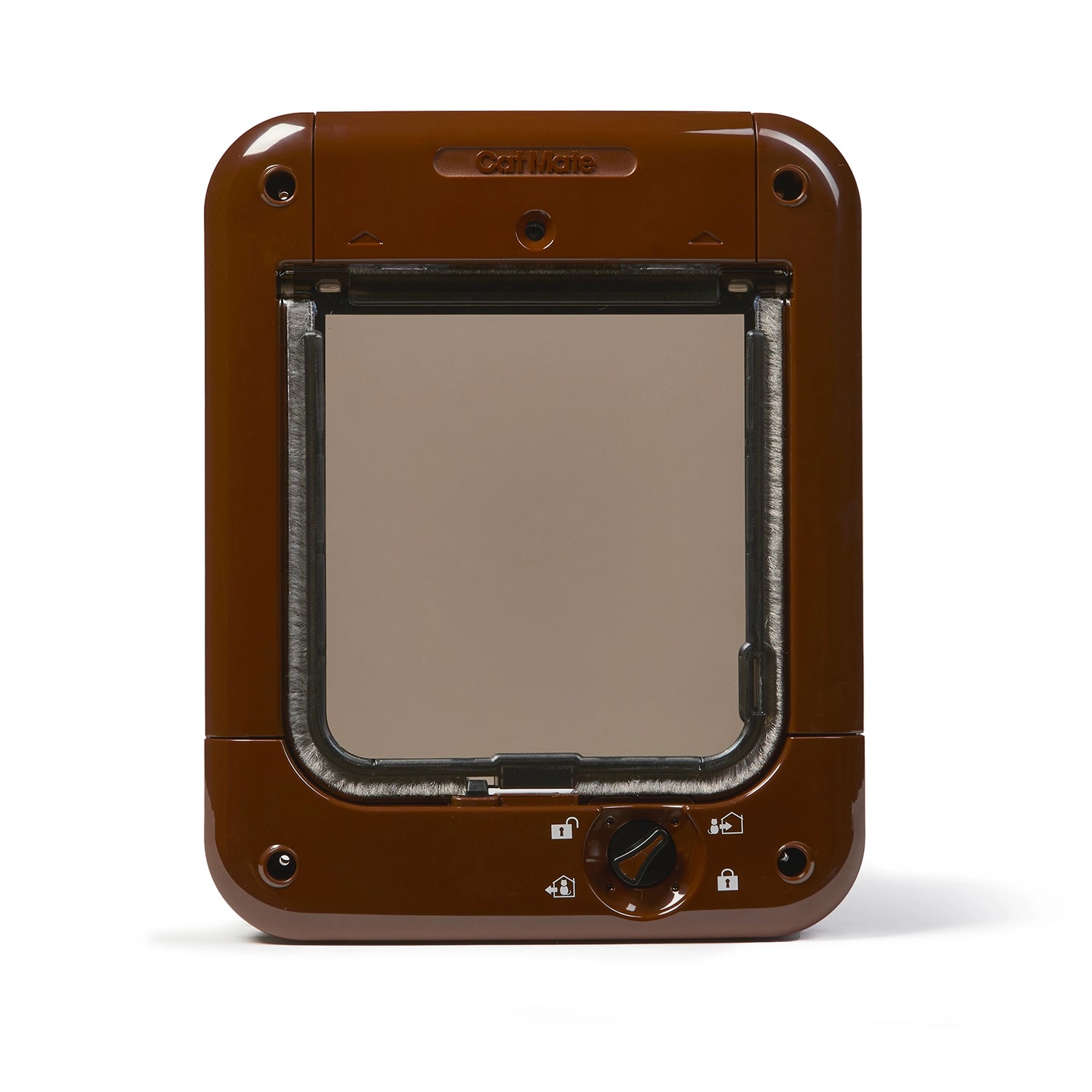 A brown pet door frame with a clear panel which is activated with the use of a paired microchip or a Pet Mate electromagnetic ID disc