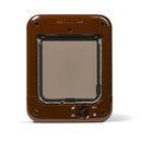 A brown pet door frame with a clear panel which is activated with the use of a paired microchip or a Pet Mate electromagnetic ID disc