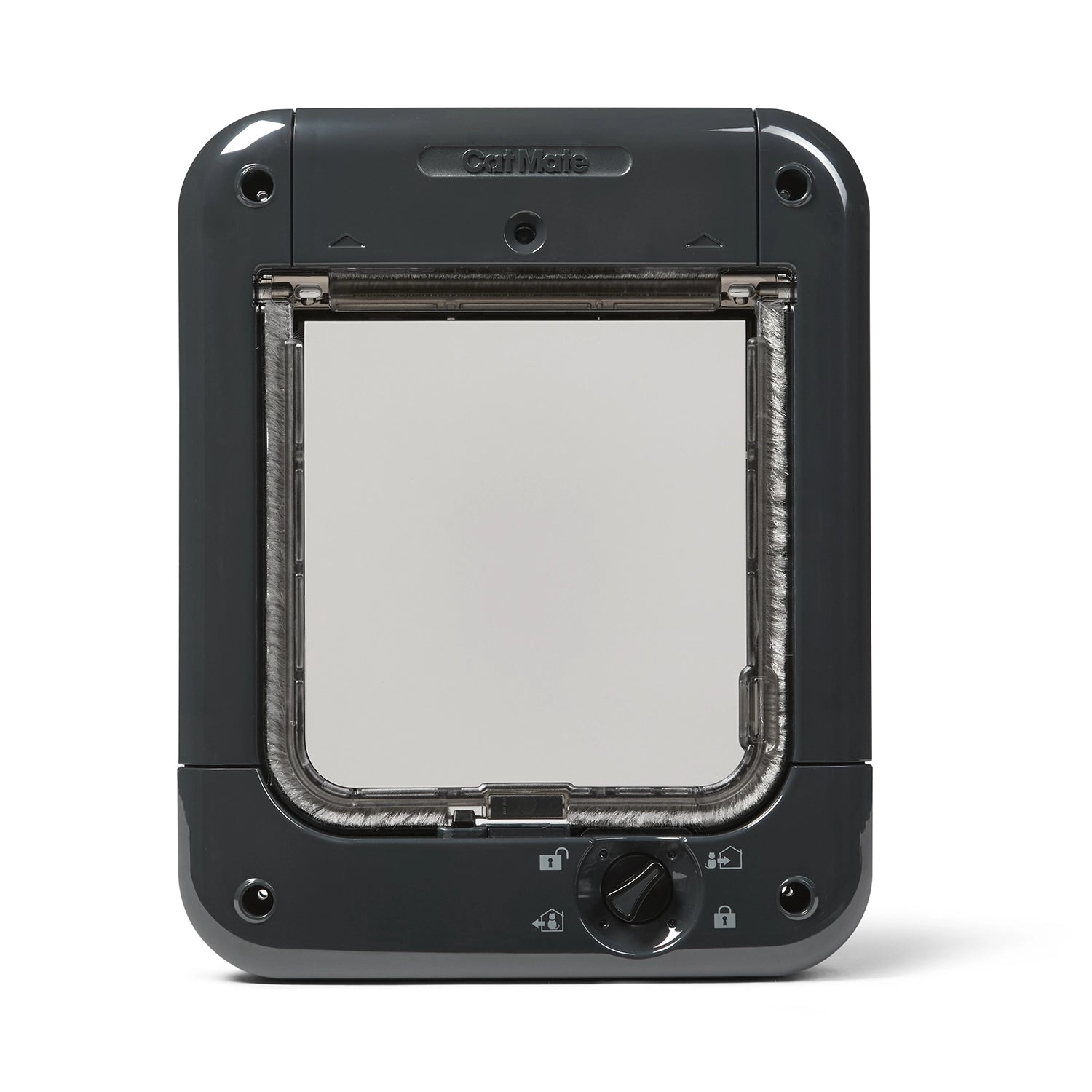 A front view of the grey cat flap which has four different manual locking options and is compatible with a  microchip or a Cat Mate electromagnetic ID disc, for up to 30 small to average size cats