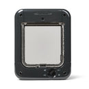 A front view of the grey cat flap which has four different manual locking options and is compatible with a  microchip or a Cat Mate electromagnetic ID disc, for up to 30 small to average size cats