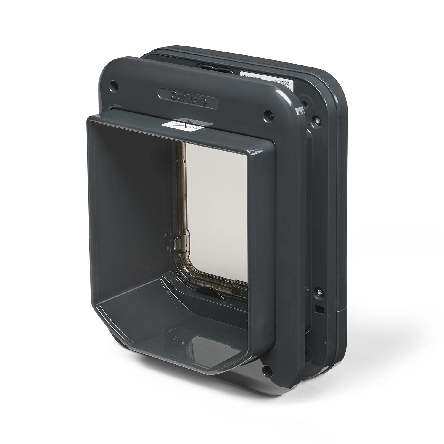A rear side angled view of a dark grey cat flap which shows the self lining thickness of the cat flap which is 3 3/8 inches, on a white background 