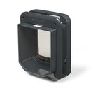 A rear side angled view of a dark grey cat flap which shows the self lining thickness of the cat flap which is 3 3/8 inches, on a white background 