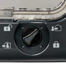 A close up view of the black control dial with white symbols showing the various manual locking options of 'inside only', 'locked', 'outside only' and 'unlocked' 