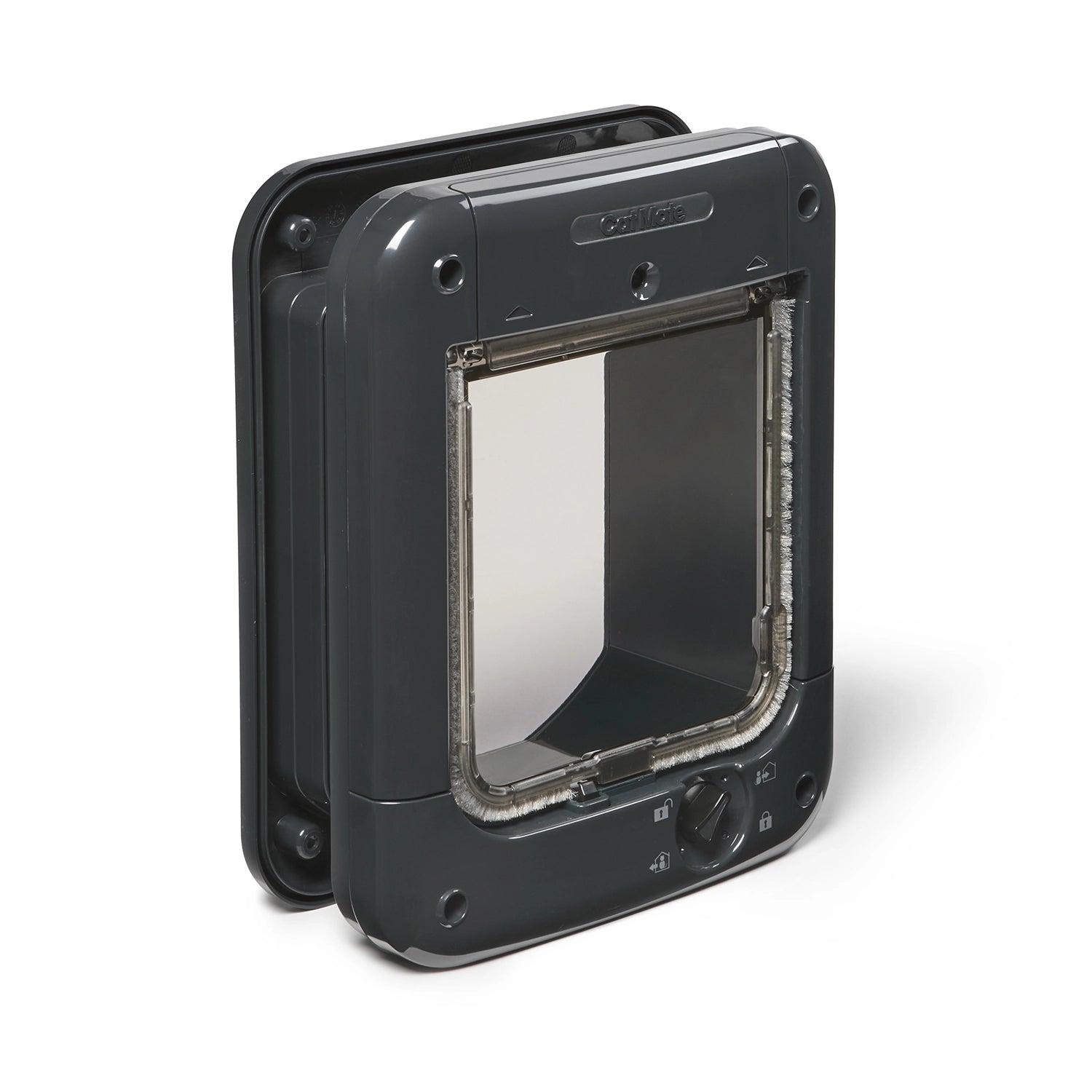 Pet door with a clear flap on a white background