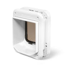 An angled view of the back of the white cat flap which can be programmed for up to 30 cats and is self lining up to 3 3/8 inches
