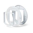 Three polymer parts of the white cat flap adapter kit which allows the cat flap to be installed in to glass panels 