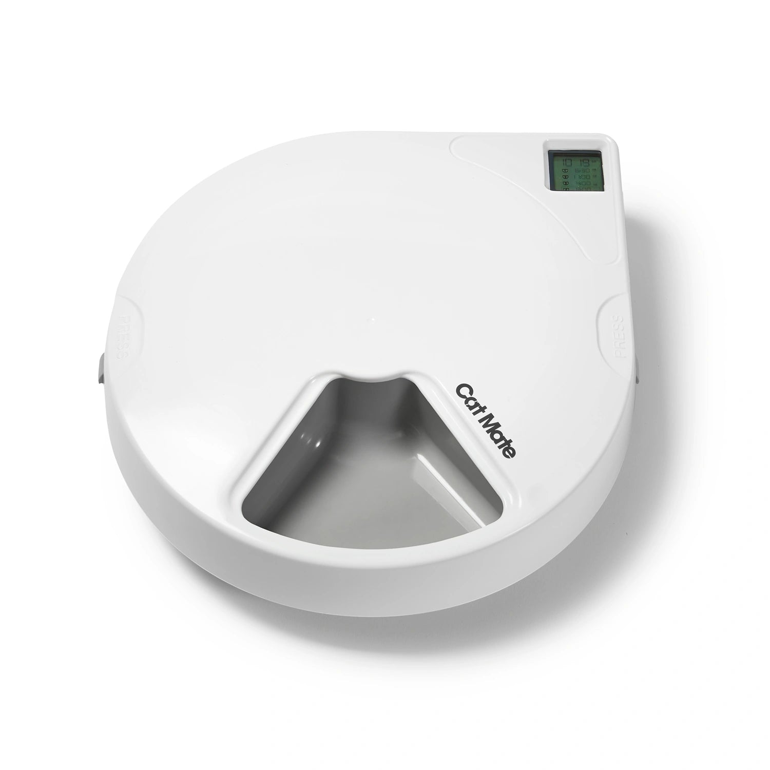 A white five meal automatic pet feeder made by Cat Mate displaying an empty bowl at the front of the image, on a white background 