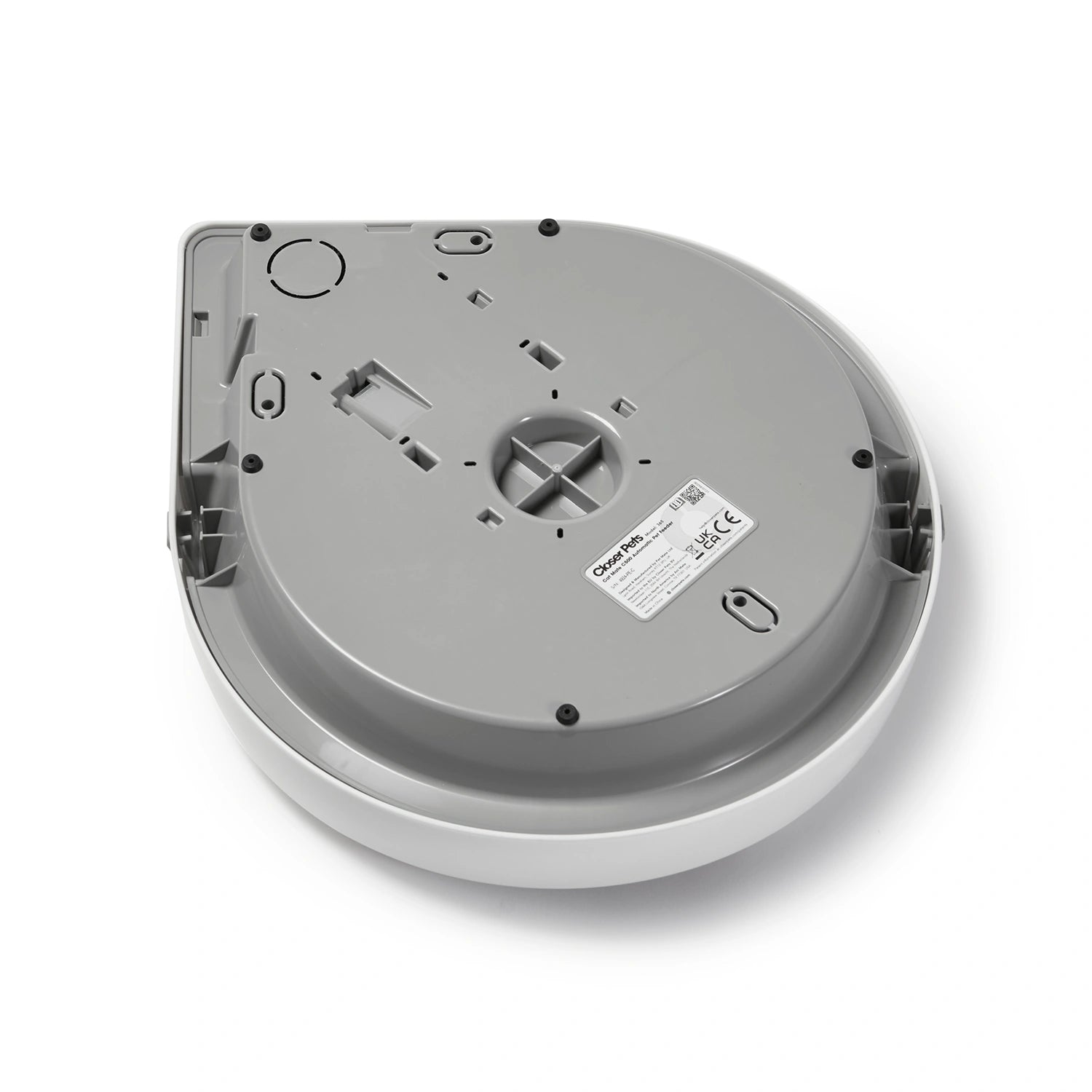 A view which shows the bottom of the automatic pet feeder on a white background 