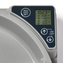 Digital control panel at the top right hand corner of the automatic pet feeder with time display and buttons.