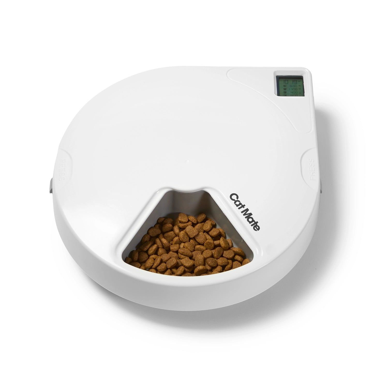 White pet feeder with food and 'Cat Mate' branding on a white background which can be used to feed up to five separate meals 