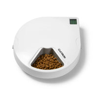 White pet feeder with food and 'Cat Mate' branding on a white background which can be used to feed up to five separate meals